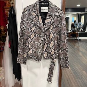 Stand Studio Snake-Print Leather Biker Jacket in Taupe and Black